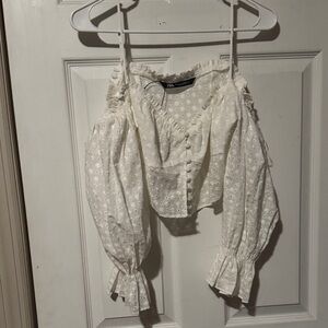Zara Cream Eyelet Off-Shoulder Puff Sleeve Button-Front Top